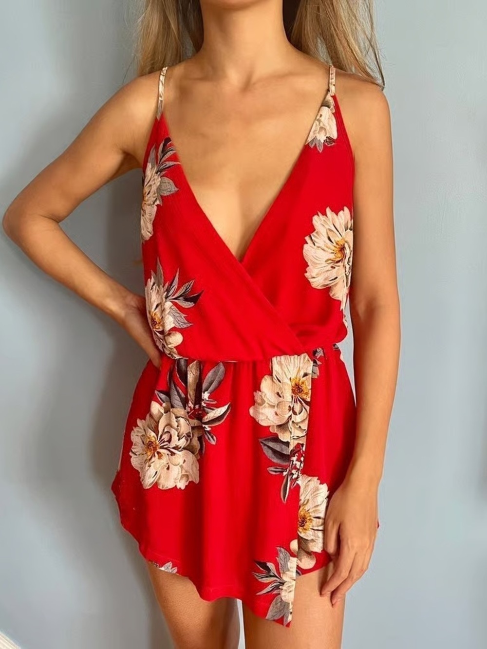 Red floral romper